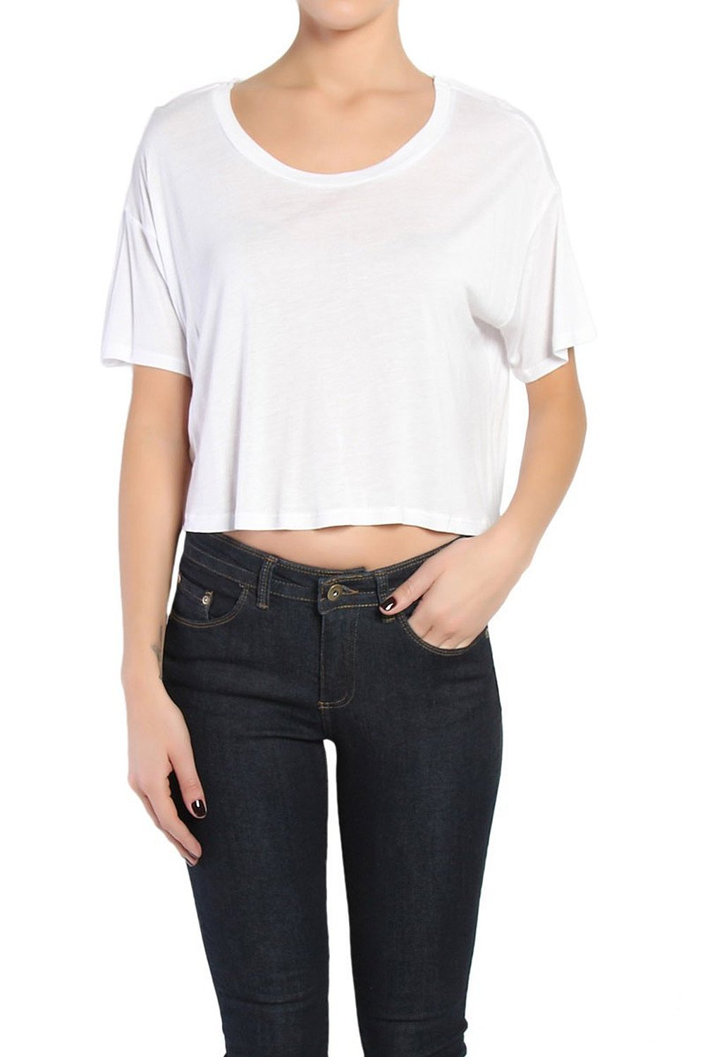 Short Cap Sleeves Scoop Neck Crop Top Stretch Mini Shirt Dance One Size